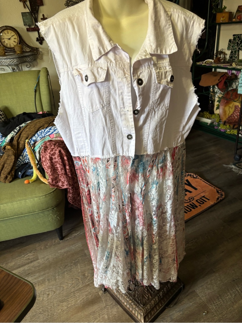 Origami Boho-Chic White Denim & Floral Lace Duster Vest 2XL
